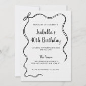 モダン ブラックホワイト 40歳の誕生日 手描きのリボン 招待状 (正面)