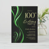 モダン ブラック&グリーン 100歳の誕生日パーティー 招待状 (スタンド正面)