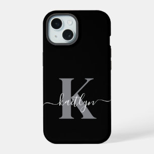 モダン ブラック グレー モノグラム iPhone 15ケース