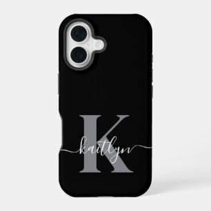 モダン ブラック グレー モノグラム iPhone 16ケース