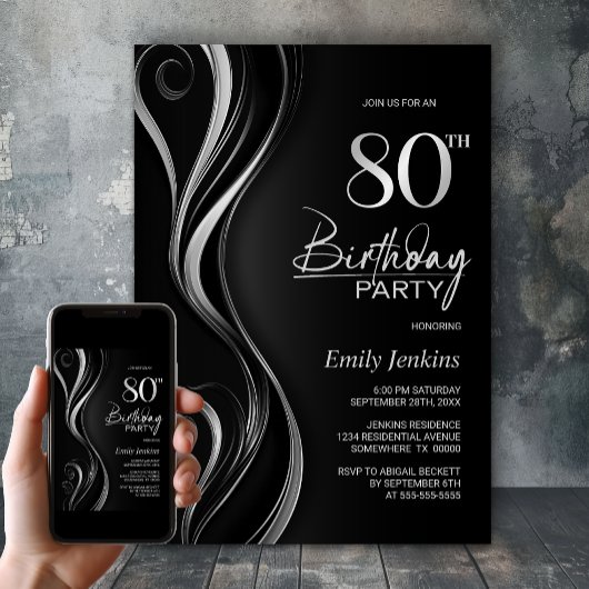 モダン ブラック&グレー 80歳の誕生日パーティー 招待状
