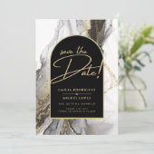 モダン ブラック ゴールド アゲート マーブル グリッター ウェディング 招待状 (スタンド正面)