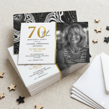 モダン ブラック&ゴールド アゲート 写真 70歳の誕生日 招待状