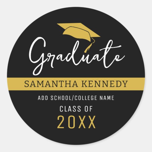 モダン ブラック&ゴールド クラスオブ2025 卒業帽 ラウンドシール (正面)