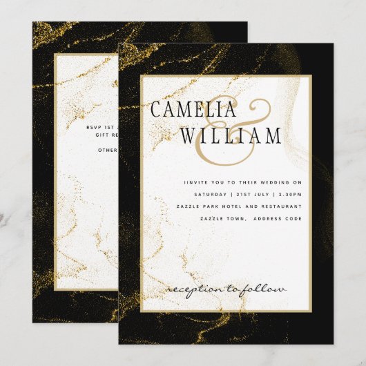 モダン ブラック ゴールド グリッター ウェディング 招待状 (正面/裏面)