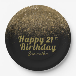 モダン ブラック & ゴールド グリッター スパークル 誕生日 ペーパープレート