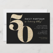 モダン ブラック ゴールド グリッター 50歳の誕生日パーティー 招待状 (正面)