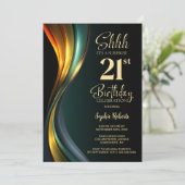 モダン ブラック&ゴールド サプライズ21歳の誕生日パーティー 招待状 (スタンド正面)