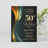 モダン ブラック&ゴールド サプライズ50歳の誕生日パーティー 招待状 (スタンド正面)