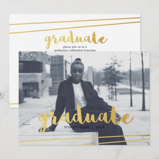 モダン ブラック ゴールド ホワイト 卒業式招待状 招待状 (正面/裏面)