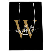 モダン ブラック ゴールド モノグラムイニシャル おしゃれ スクリプト ミディアムペーパーバッグ (裏面)