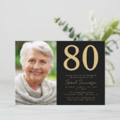モダン ブラック ゴールド 写真 80歳の誕生日 招待状 (スタンド正面)