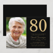 モダン ブラック ゴールド 写真 80歳の誕生日 招待状 (正面/裏面)