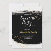 モダン ブラック＆ゴールド 水彩 幾何学 スイート16 招待状 (正面)