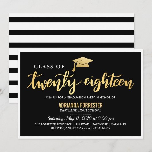 モダン ブラック ゴールド | 2018年卒業 クラス スクリプト 招待状 (正面/裏面)