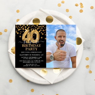 モダン ブラック&ゴールド 40歳のサプライズ誕生日フォト 招待状