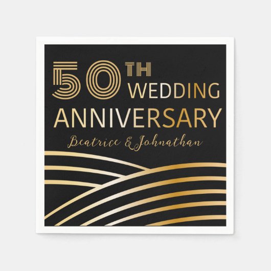 モダン ブラック&ゴールド 50回結婚記念 スタンダードカクテルナプキン (正面)