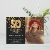 モダン ブラック&ゴールド 50歳のサプライズ誕生日フォト 招待状 (スタンド正面)