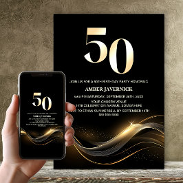 モダン ブラック&ゴールド 50歳の誕生日パーティー 招待状