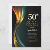 モダン ブラック&ゴールド 50歳の誕生日パーティー 招待状 (正面)