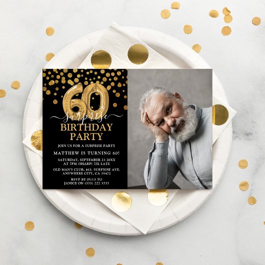 モダン ブラック&ゴールド 60歳のサプライズ誕生日フォト 招待状