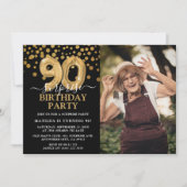 モダン ブラック＆ゴールド 90歳のサプライズ誕生日フォト 招待状 (正面)