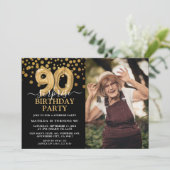 モダン ブラック＆ゴールド 90歳のサプライズ誕生日フォト 招待状 (スタンド正面)