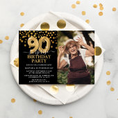 モダン ブラック＆ゴールド 90歳のサプライズ誕生日フォト 招待状