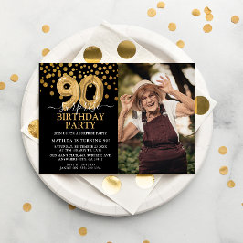 モダン ブラック&ゴールド 90歳のサプライズ誕生日フォト 招待状