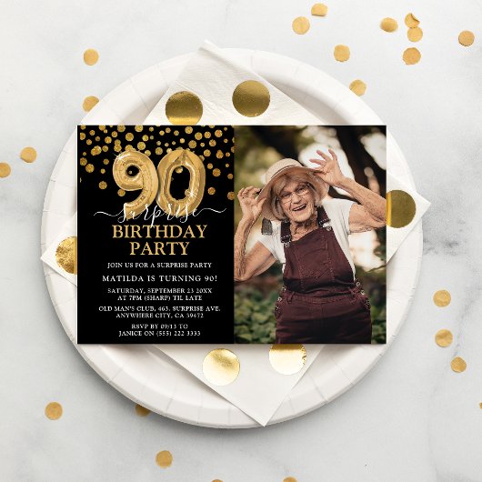 モダン ブラック＆ゴールド 90歳のサプライズ誕生日フォト 招待状