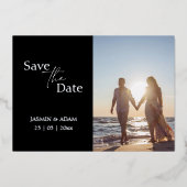モダン ブラック＆シルバー写真 Save the Date 箔招待状 (正面)