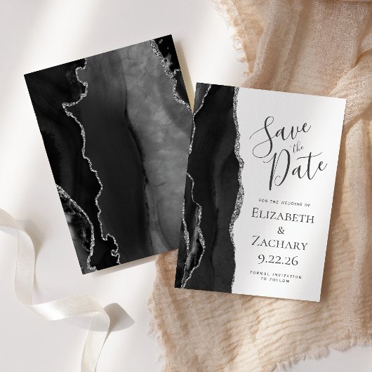 モダン ブラック シルバー アゲート Save the Date セーブザデート