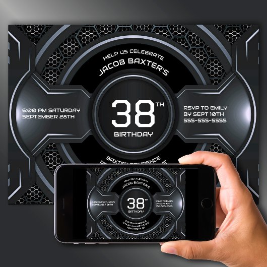 モダン ブラック シルバー 誕生日パーティー 招待状