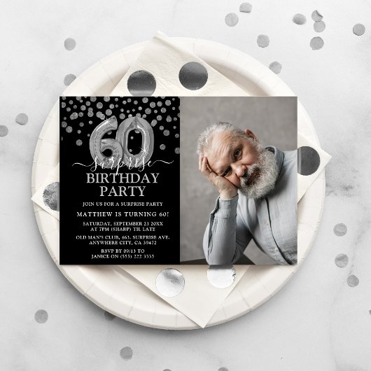 モダン ブラック&シルバー 60歳のサプライズ誕生日フォト 招待状