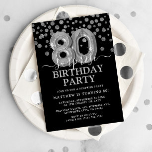 モダン ブラック&シルバー 80歳のサプライズ誕生日パーティー 招待状
