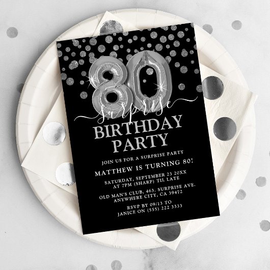 モダン ブラック&シルバー 80歳のサプライズ誕生日パーティー 招待状