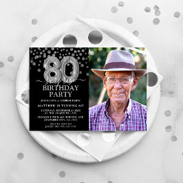 モダン ブラック&シルバー 80歳のサプライズ誕生日フォト 招待状