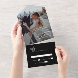 モダン ブラック シンプル ウェディング フォト なし メニュー オールインワン招待状