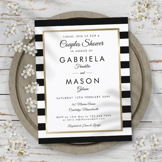 モダン ブラック ストライプ ゴールド カップルシャワー インビテーションポストカード