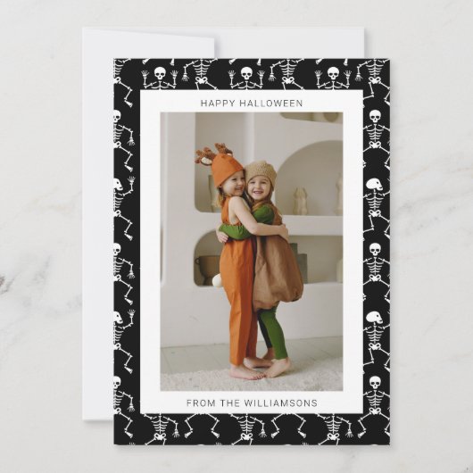 モダン ブラック スプーキースケルトン ハロウィン フォト シーズンカード (正面)