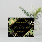 モダン ブラック トロピカル ウェディング エロプメント レセプション 箔招待状ポストカード (立ち正面)