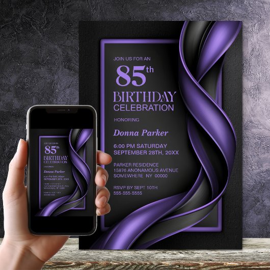 モダン ブラック&パープルの85歳の誕生日パーティー 招待状
