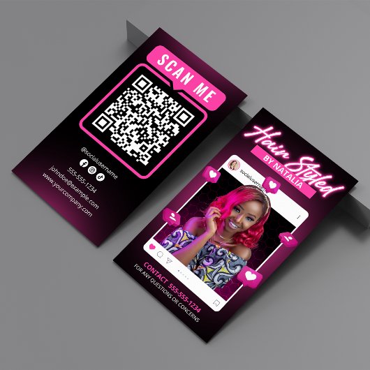モダン ブラック＆ピンク インスタグラム ヘアスタイリスト QRコード 名刺