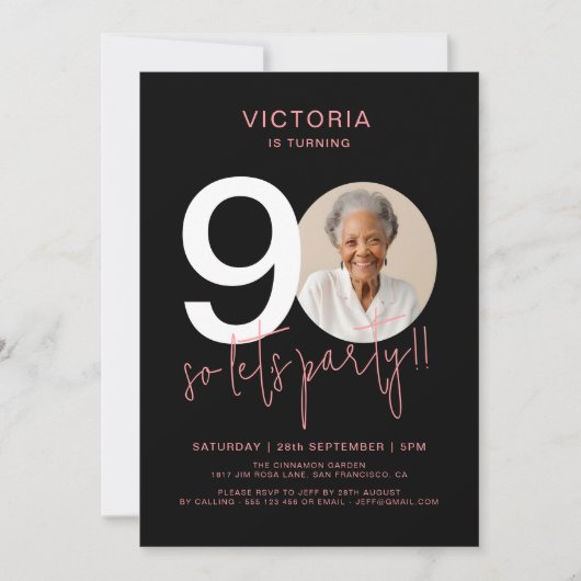 モダン ブラック ピンク フォト 90歳 誕生日 招待状 (正面)