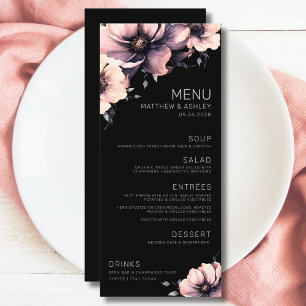 モダン ブラック ピンク フローラル ウェディング メニュー
