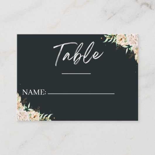 モダン ブラック フローラル カリグラフィー ウェディング プレイス カード (正面)