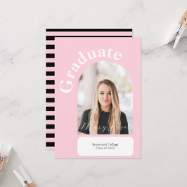 モダン ブラック＆ブッシュピンク ストライプ 卒業式 招待状