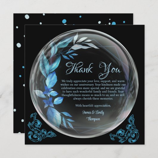 モダン ブラック ブルー 花柄 マイルストーン 記念日 サンキューカード (正面/裏面)