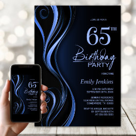 モダン ブラック&ブルー 65歳の誕生日パーティー 招待状
