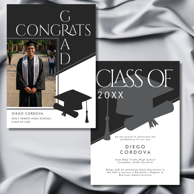 モダン ブラック ホワイト ジオメトリック 写真 卒業 (Modern Black White Geometric Photo Graduation Announcement)